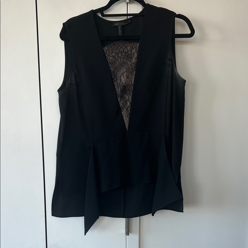 BCBGMaxAzria Black Sleeveless Blouse with Lace Insert